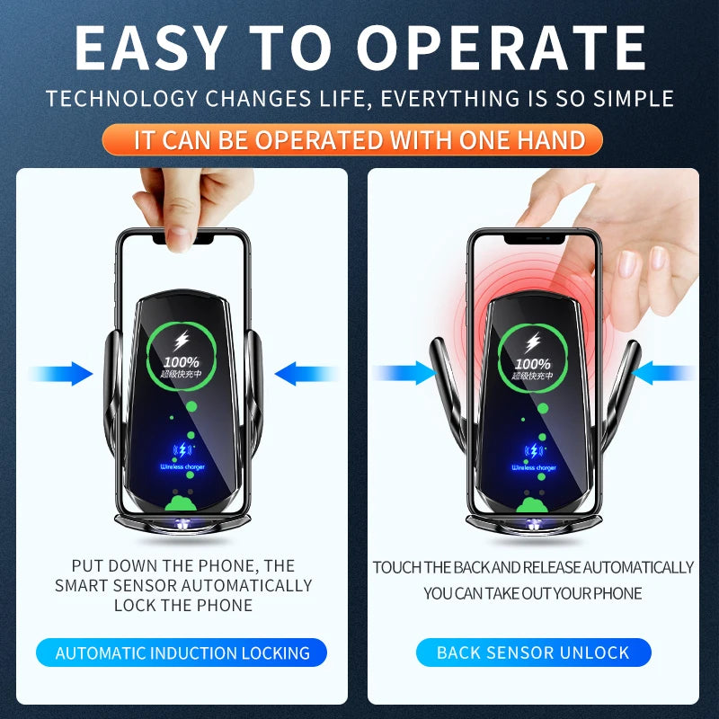 15W Fast Wireless Car Charger Holder - One-Handed Operation