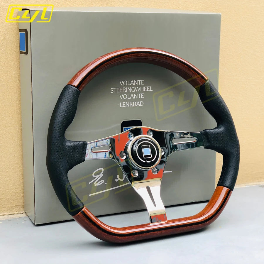 Wood Look Racing Steering Wheel - Universal Fit, Classic D Shape Design