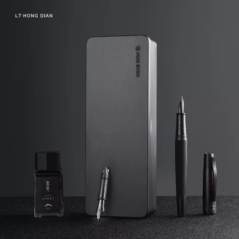 Cloud Discoveries Titanium Black Business Fountain Pen - LT Hongdian 6013 Black Metal Fountain Pen with Rotating Cap.