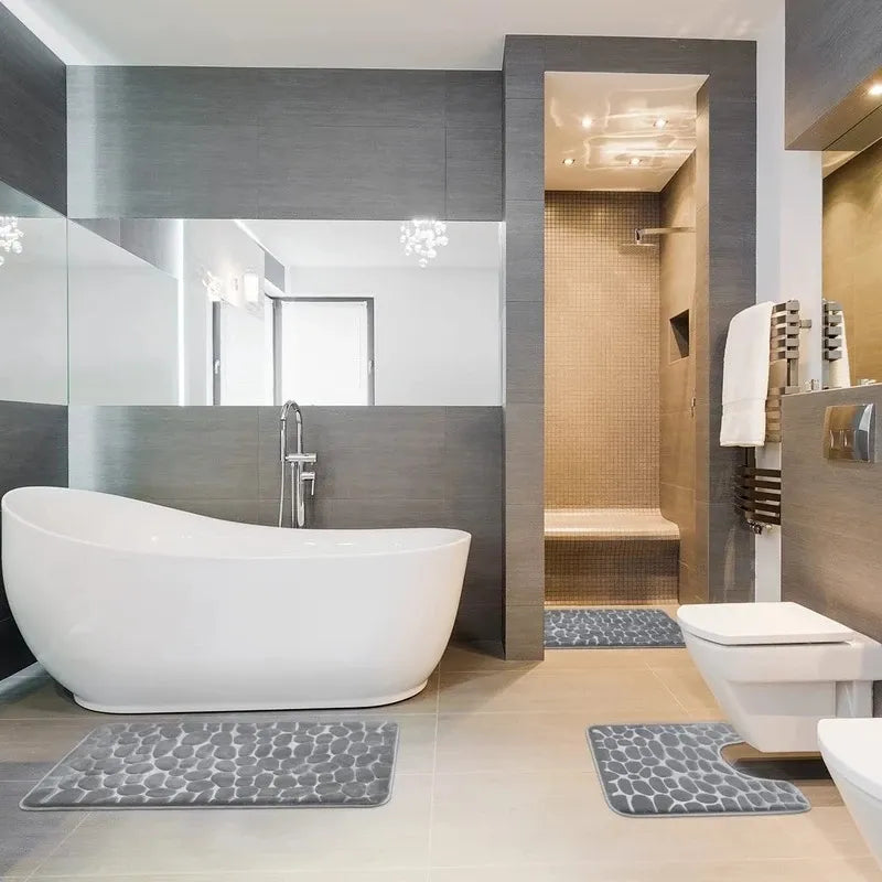 Bathroom Bath Mat Set - Soft, Non-Slip, 2 Cobblestone Mats, Absorbent Shower Carpets