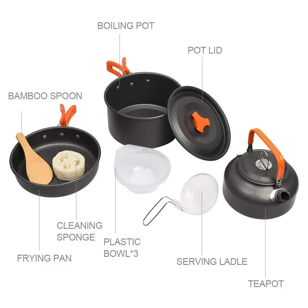 Portable Nonstick Camping Cookset - Aluminum Outdoor Tableware for Hiking, BBQ & Picnic