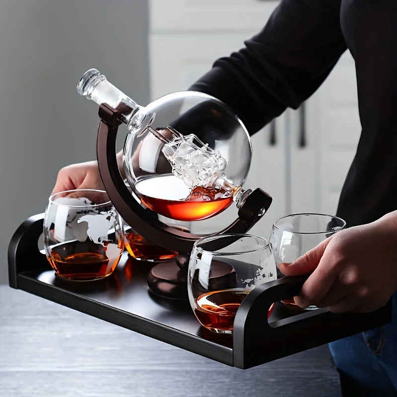 Globe Decanter Set - Lead-Free Carafe, Wooden Stand & 2 Whisky Glasses, Ideal Gift