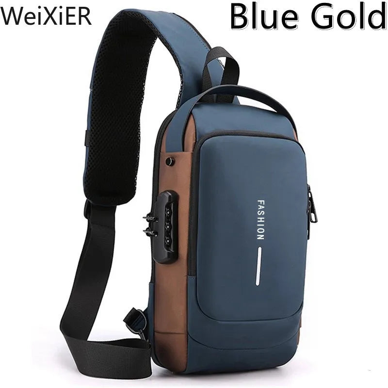 Cloud Discoveries Men's Anti-Theft Chest Bag with USB Charging - Stylish and Secure Crossbody Package for School, Travel, and Sports.