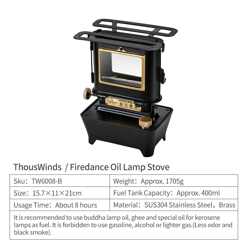A chic, vintage-inspired Firedance Oil Lamp Stove carefully crafted from SUS304 stainless steel and brass. It features a 400ml fuel capacity and emits a warm, inviting glow, perfect for outdoor camping or indoor decor. This versatile and stylish piece of homeware is conveniently sized for both functional use and storage. Available in classy black and luxurious brass options. The item weighs 1705g, demonstrating its robustness and durability. A wonderful fusion of style, convenience, and practicality.