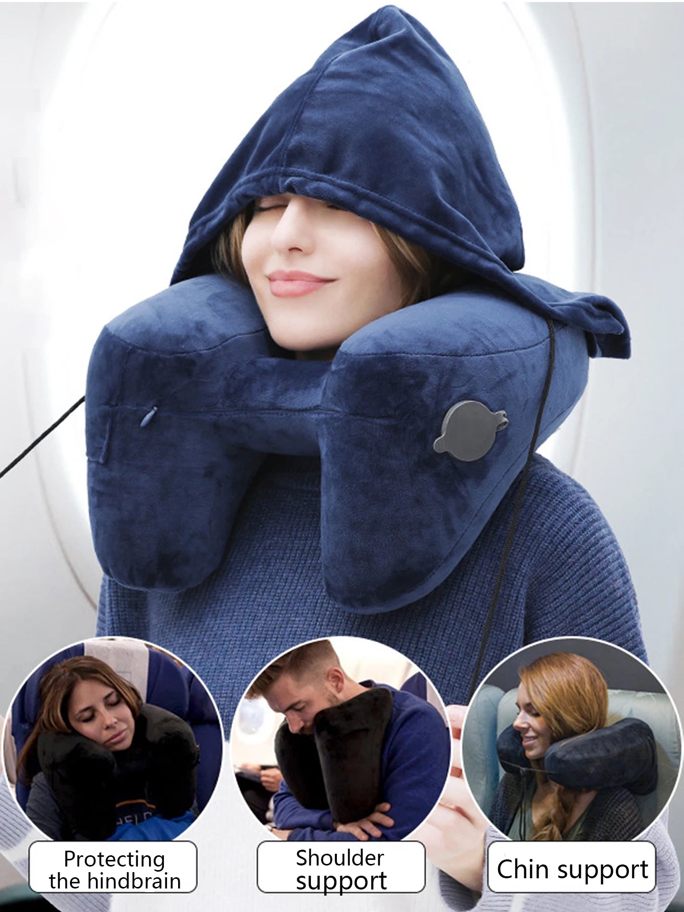 Travel Inflatable Neck Pillow with Hooded Cap