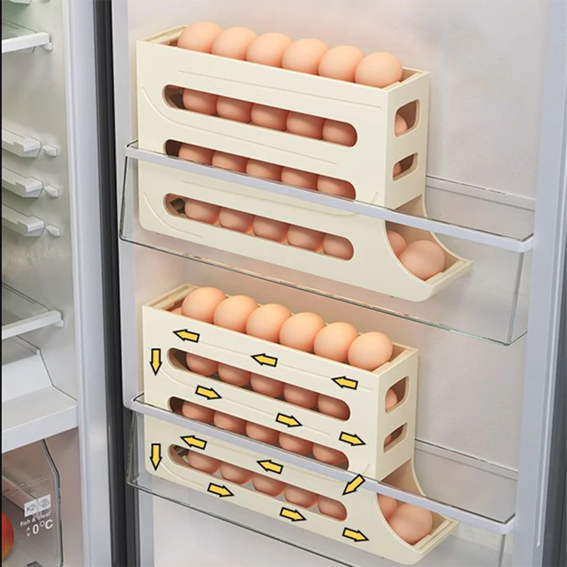 Cloud Discoveries Automatic Egg Rack Holder, a space-saving refrigerator organizer for storing up to 30 eggs, made of durable plastics.