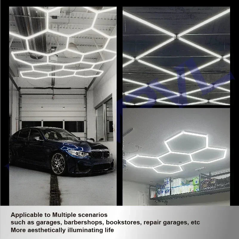 Hexagon LED Honeycomb Garage Lights - 110V-240V Workshop Tube Lighting for Auto Repair