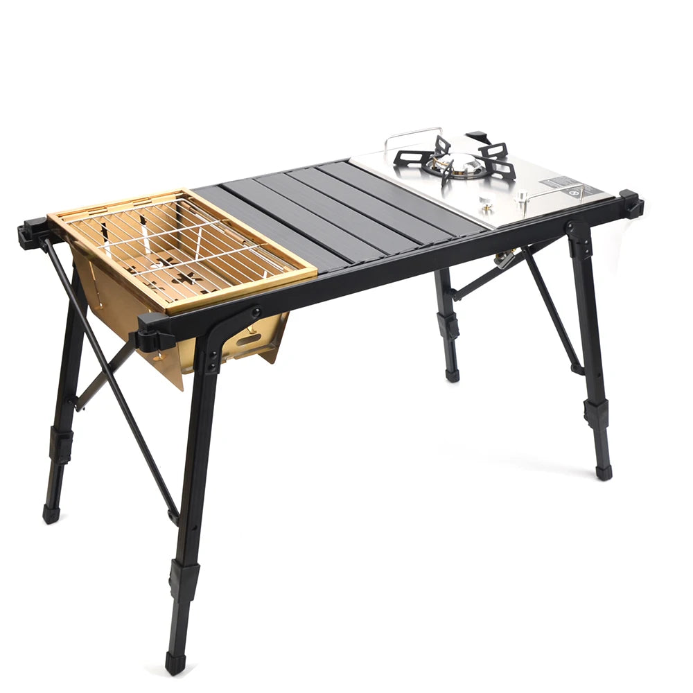 Portable IGT Wood Camping Table with Removable Gas Stove and BBQ Grill