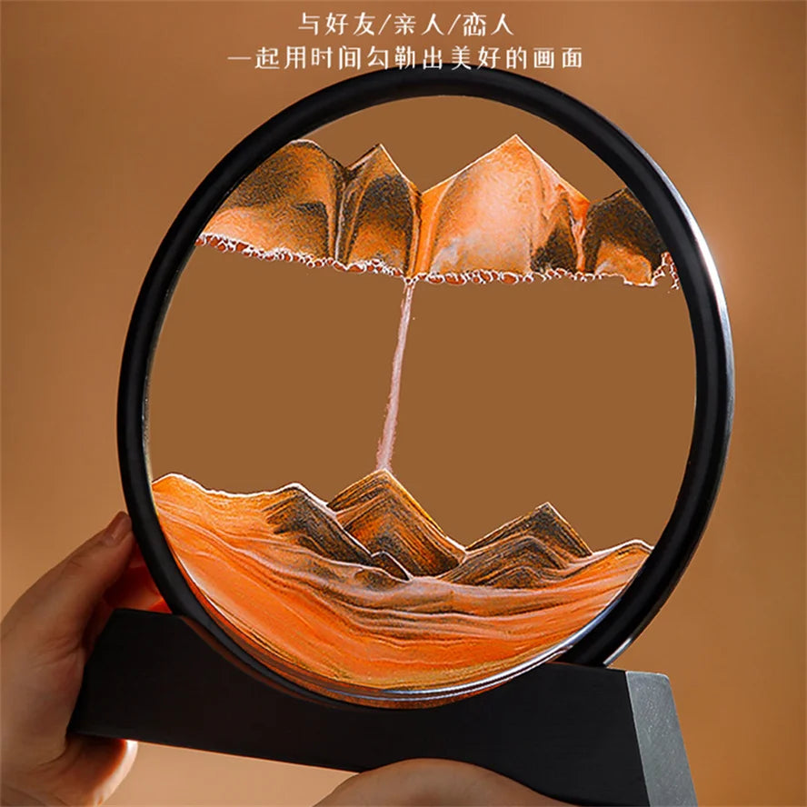 A captivating 7-inch round moving sand art frame, perfect for creative home decor.