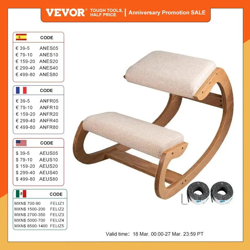 Wooden Ergonomic Kneeling Chair - Correct Posture Work Stool with Thick Cushion for Home Office