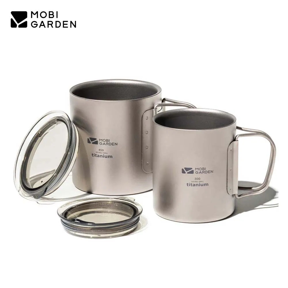 A durable and trendy MOBI GARDEN Camping Titanium Cup, perfect for any outdoor adventure like hiking, trekking or camping. This lightweight and portable cup has a volume capacity of 300L or 450ML, and is made from rust-resistant titanium. Ideal for serving both hot coffee and cold water, this outdoor essential is a reliable companion, meeting your hydration needs while exploring the wilderness.