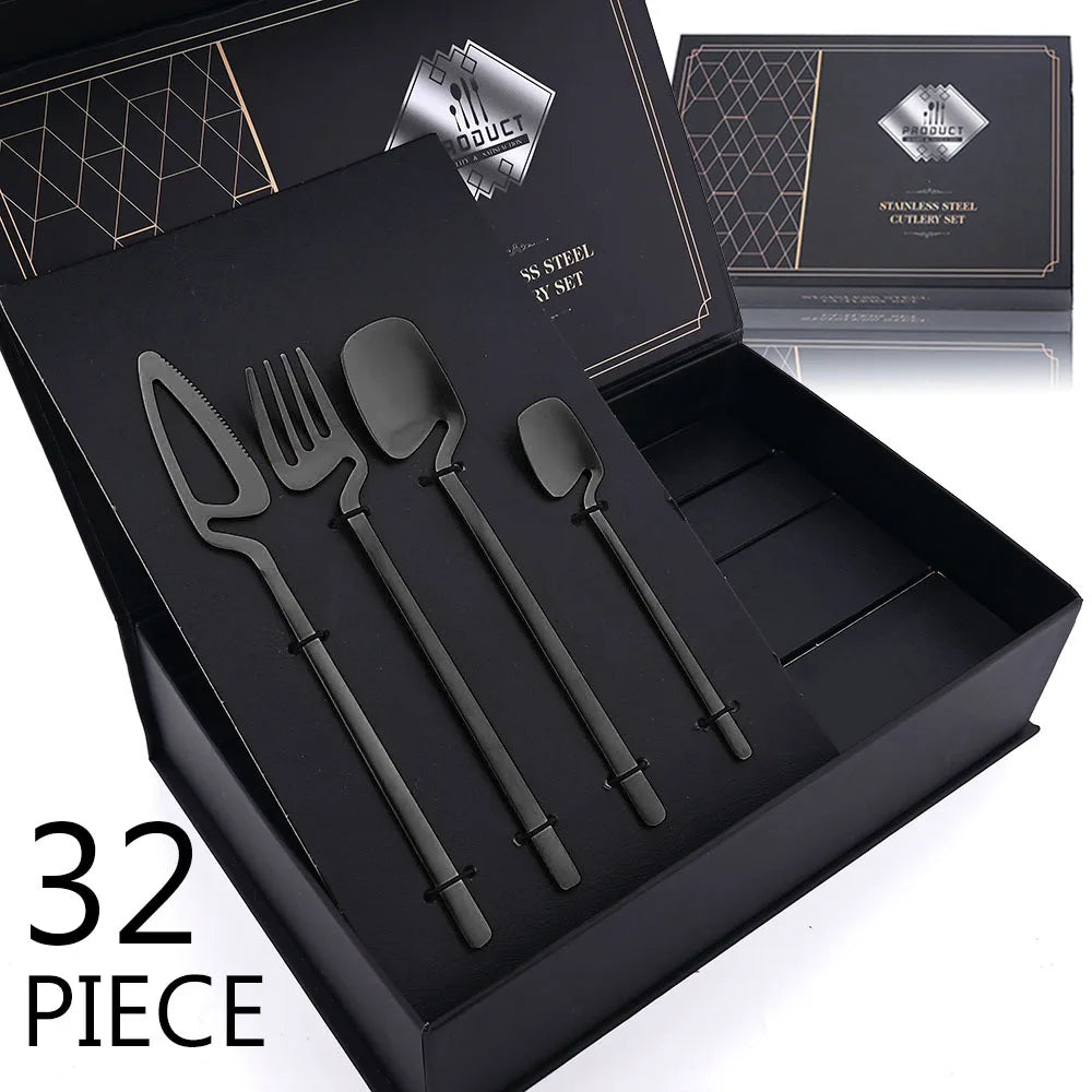  Cloud Discoveries 32pcs Black Matte Cutlery Set - Stainless Steel Dinnerware for Elegant Dining