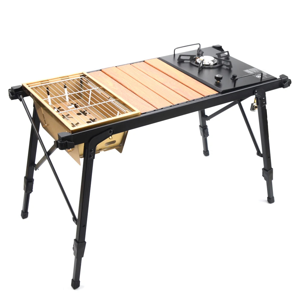 Portable IGT Wood Camping Table with Removable Gas Stove and BBQ Grill