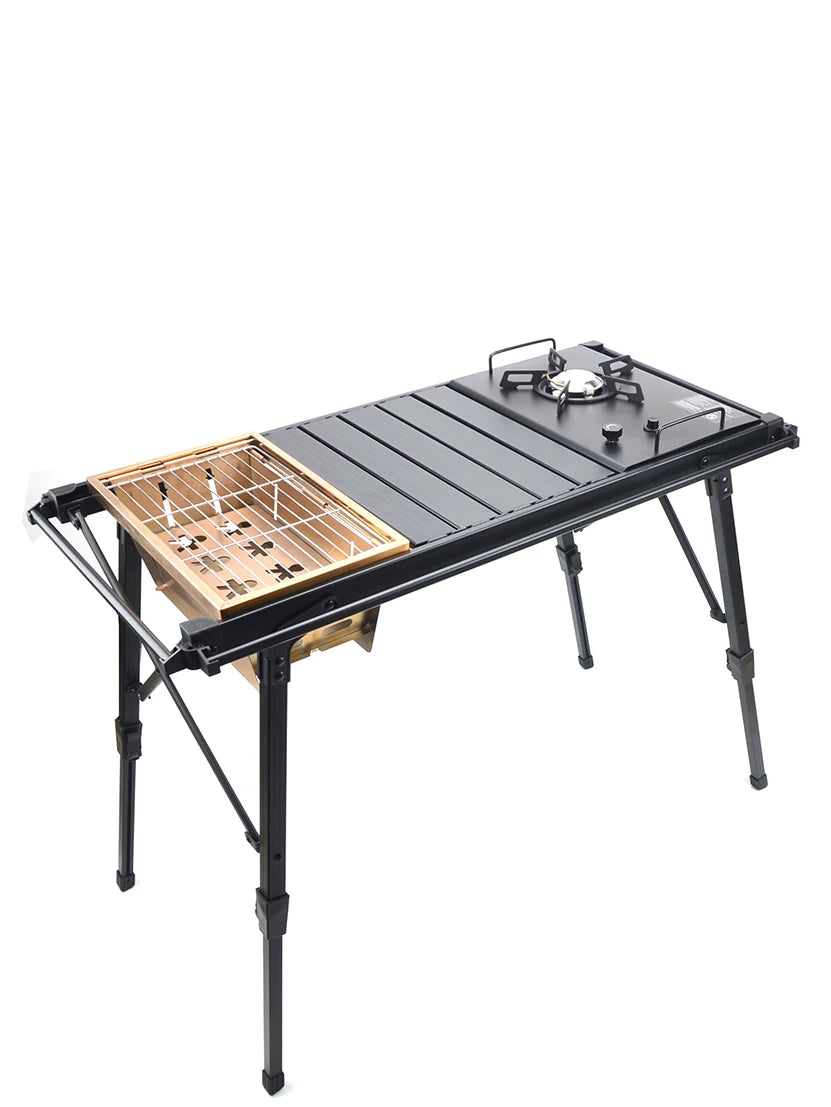 Portable IGT Wood Camping Table with Removable Gas Stove and BBQ Grill