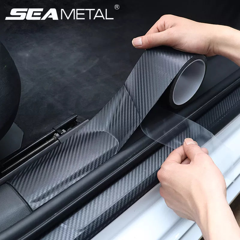 Carbon fiber car sticker with anti-scratch properties and waterproof design, suitable for doors, thresholds, hoods, trunks, and car bodies. Available in various widths: 3cm, 5cm, and 7cm. Length: 3 meters. Easy to cut, install, and wash. Leaves no trace on the car's surface.