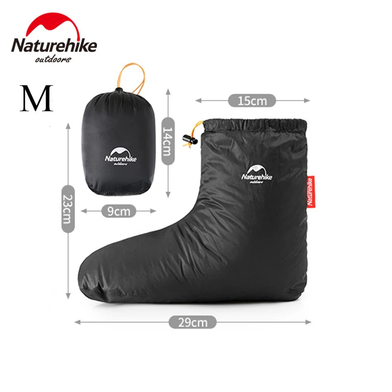 A pair of Ultralight Winter Foot Warm Waterproof Shoe Covers filled with premium goose-down providing superior insulation and unparalleled warmth to feet during winter. Showcasing a durable, waterproof exterior that effectively blocks moisture, these covers ensure dryness in wet or snowy conditions. These shoe covers, ideal for winter hiking, extreme weather camping, outdoor adventure sports, or chilly morning walks, offer ultimate protection and warmth, making them essential winter gear.