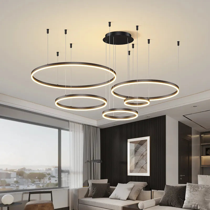 Modern LED Ceiling Chandelier Circular Ring Design with Remote Control, Brushed Finish, Iron Body Material, Shadeless Shade Type, Wedge Base Type, Dimmable LED Bulbs, Ideal for Living Room, Bedroom, Dining Room, Home Indoor Lighting Decor by MAVELAI.