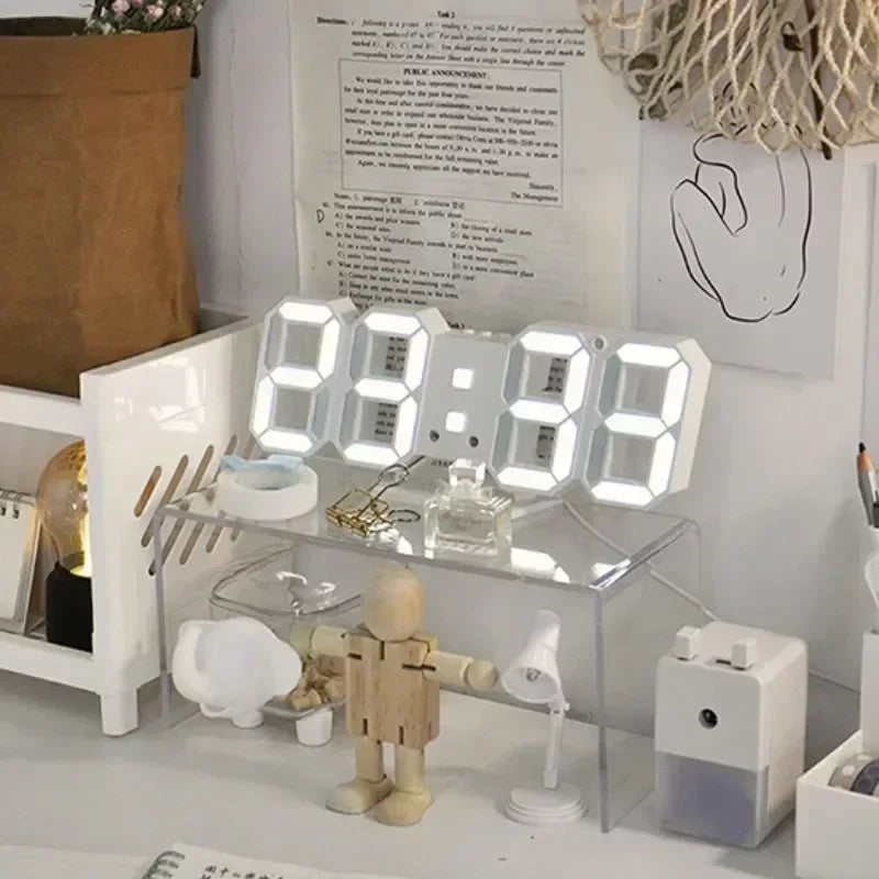 A stylish 3D digital alarm clock with temperature, date, and time display, perfect for home decor.