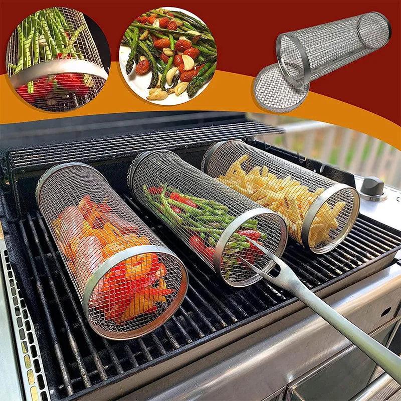 Cloud Discoveries Stainless Steel Rolling BBQ Basket - Leakproof Mesh Barbecue Rack - Outdoor Picnic and Camping Grill.