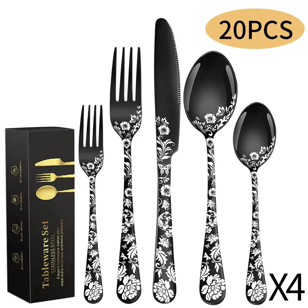 A 20 piece Stainless Steel Dining Cutlery set arranged on a sleek background, showcasing its premium finishes and distinct explosive pattern. Knives, forks, and spoons in varying sizes are visible, each piece reflecting its high-quality craftsmanship, smooth handles for safety, and robust anti-rust finish. Illustrating its suitability for both intimate meals and larger gatherings, the set conveys its versatility, portability, and easy cleaning features with a dishwashing symbol.