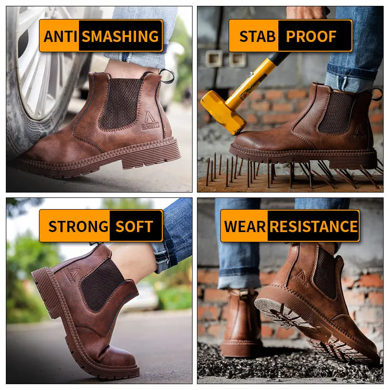 Men's Waterproof Steel Toe Leather Work Boots - Indestructible Brown Shoes