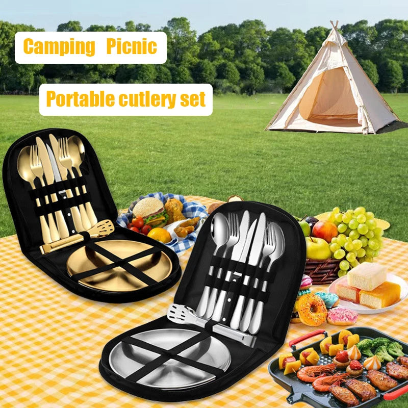 10PCS Stainless Steel Tableware Set - Essential Outdoor Dining Kit for Camping, Picnics, and Travel
