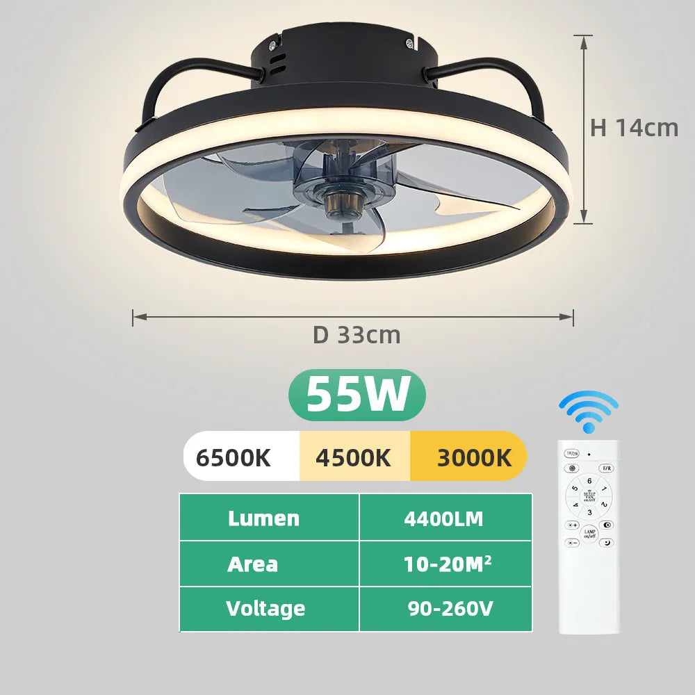 55W Smart Ceiling Fan with Lights, Remote Control, and Invisible Blades - Bedroom Decor Ventilator Lamp (33cm)