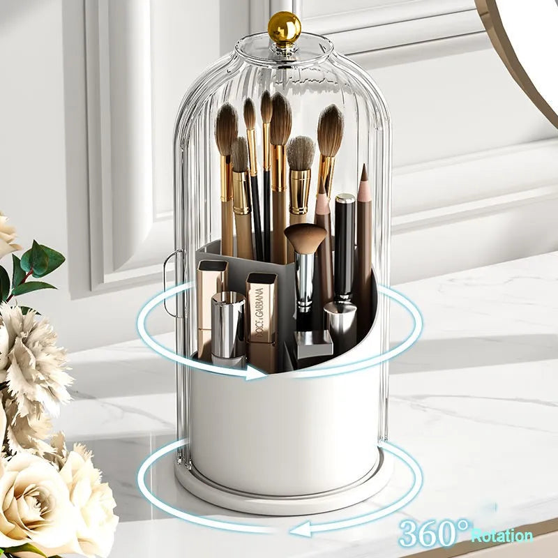 A luxurious rotating storage box made from high-quality PS material, designed with a sleek and clear partitioned casing, perfect for storing makeup brushes, lipsticks, eyeliners, and more. Easily movable and ideal for freeing up counter space in home offices or on dressing tables. Features a waterproof and dust-resistant lid for protection, revolving 360 degrees for easy access to your items. Includes one Cosmetic Storage Box.