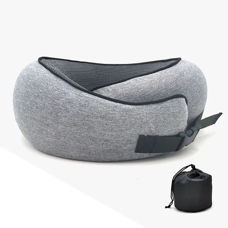 Memory Foam Travel Neck Pillow in Gray, Red, Black, and Purple, with breathable stretch cloth pillowcase.