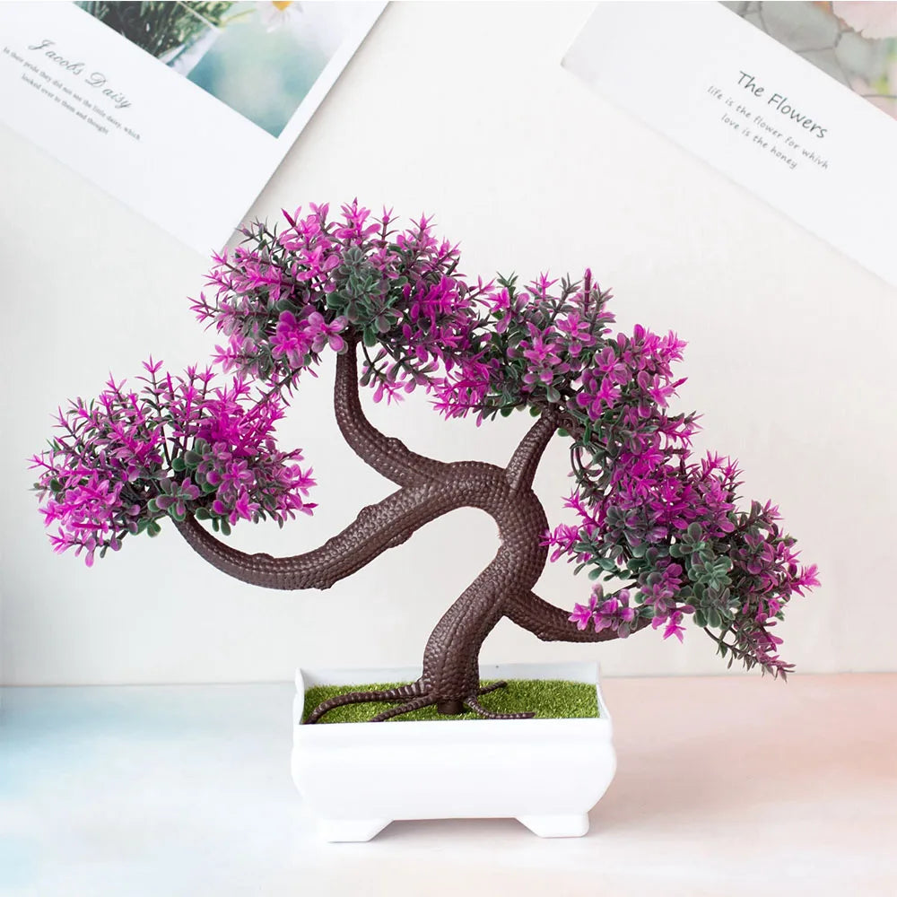 An artificial bonsai tree made from plastic, placed in a tasteful pot. This small tree pot arrangement is perfect for home or office decoration. It is allergy-free and requires no maintenance. Adds an element of freshness and vitality to any room and can be used as a tabletop or corner decoration. Suitable for garden lovers, perfect for those without a green thumb. No watering, sunlight, or trimming required.