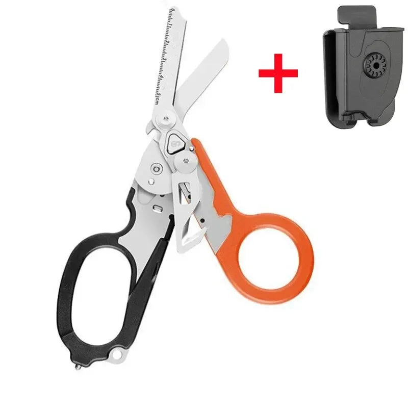 A sturdy, compact, and lightweight multi-functional utility tool that combines traditional scissor shearing function with additional features including a bottle opener and car safety essentials such as seatbelt cutting and safety hammer function. Made of resilient metal, it fits comfortably in pockets or bags, making it ideal for outdoor adventures, home use, or as part of a car safety kit. The actual product color may vary slightly due to monitor and lighting differences.