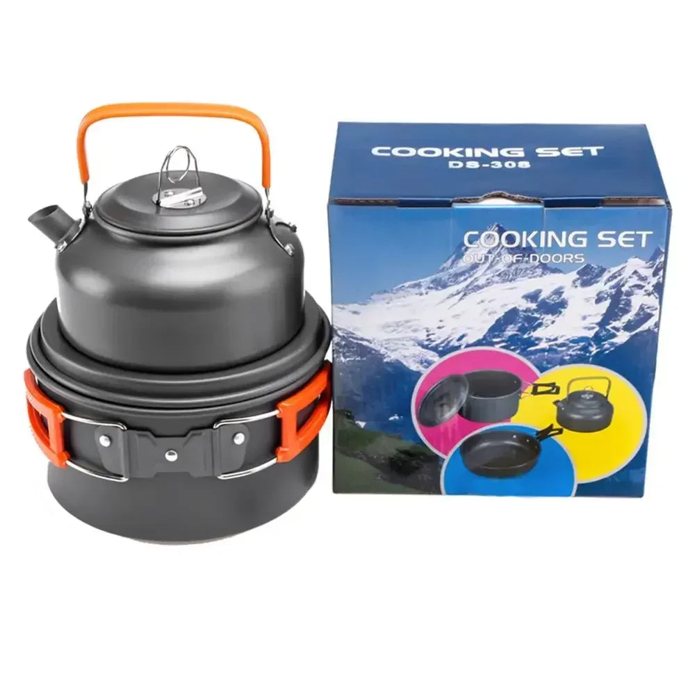 A high-grade anodized aluminum camping cookware set featuring a nonstick coating for easy cleaning. Comprises of a stove, pot, frying pan and a soup spoon with foldable handles for compact storage. The set is designed for 2-3 individuals and fits snugly in the accompanying mesh bag. The cooker, frying pan and tea kettle dimensions are provided. Suitable for various outdoor activities, it ensures fast, even cooking with insulated plastic handles for added safety.