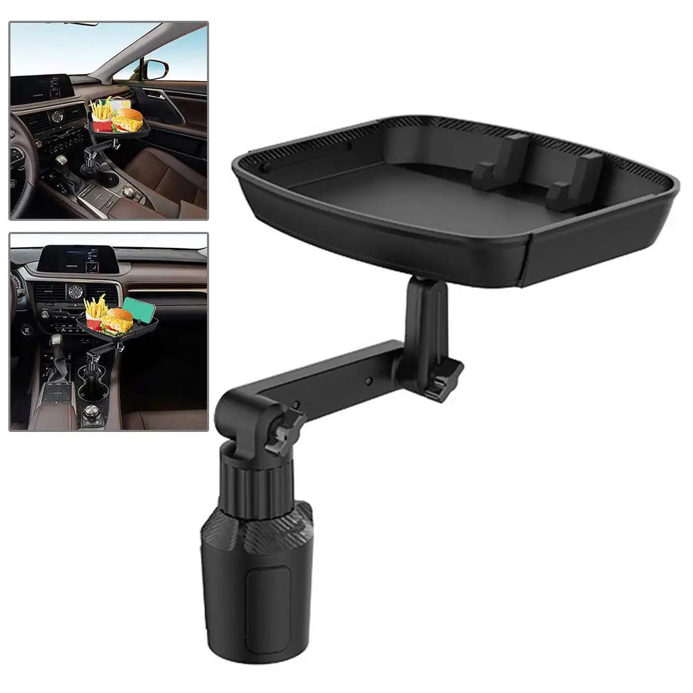 A sturdy and organized Car Tray Table made from durable ABS material, featuring an adjustable swivel arm for 360-degree rotation, dual cup holder tray, and a dedicated slot for mobile. Compact in size, fits perfectly in any car model for enhanced convenience and cleanliness on the move. The package includes one car tray table. Essential car décor for improving vehicular organization.