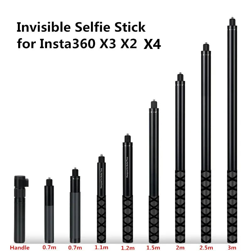 A high-quality invisible selfie stick from the bullet time bundle for Insta360 X3, X2, and X4 cameras, also compatible with DJI's panoramic cameras. Upgrade your photography game with this lightweight, easy-to-use accessory that allows for creative panoramic shots, group photos, and hard-to-reach angles without obstruction or impeding your view. Ideal for enhancing travel, vlogging, and adventurous photography experiences.