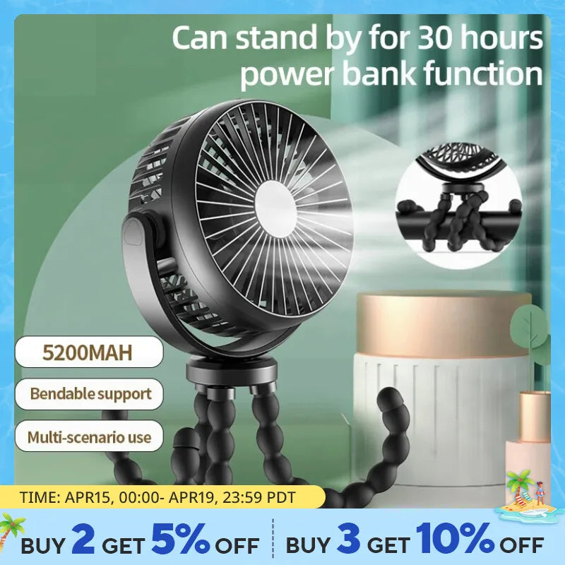 Portable Folding USB Fan - Octopus Mini for Baby Stroller, Desktop and Outdoors