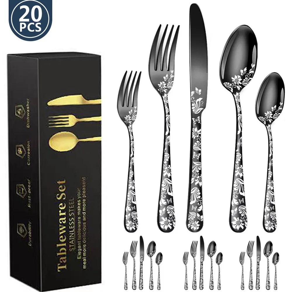 A 20 piece Stainless Steel Dining Cutlery set arranged on a sleek background, showcasing its premium finishes and distinct explosive pattern. Knives, forks, and spoons in varying sizes are visible, each piece reflecting its high-quality craftsmanship, smooth handles for safety, and robust anti-rust finish. Illustrating its suitability for both intimate meals and larger gatherings, the set conveys its versatility, portability, and easy cleaning features with a dishwashing symbol.