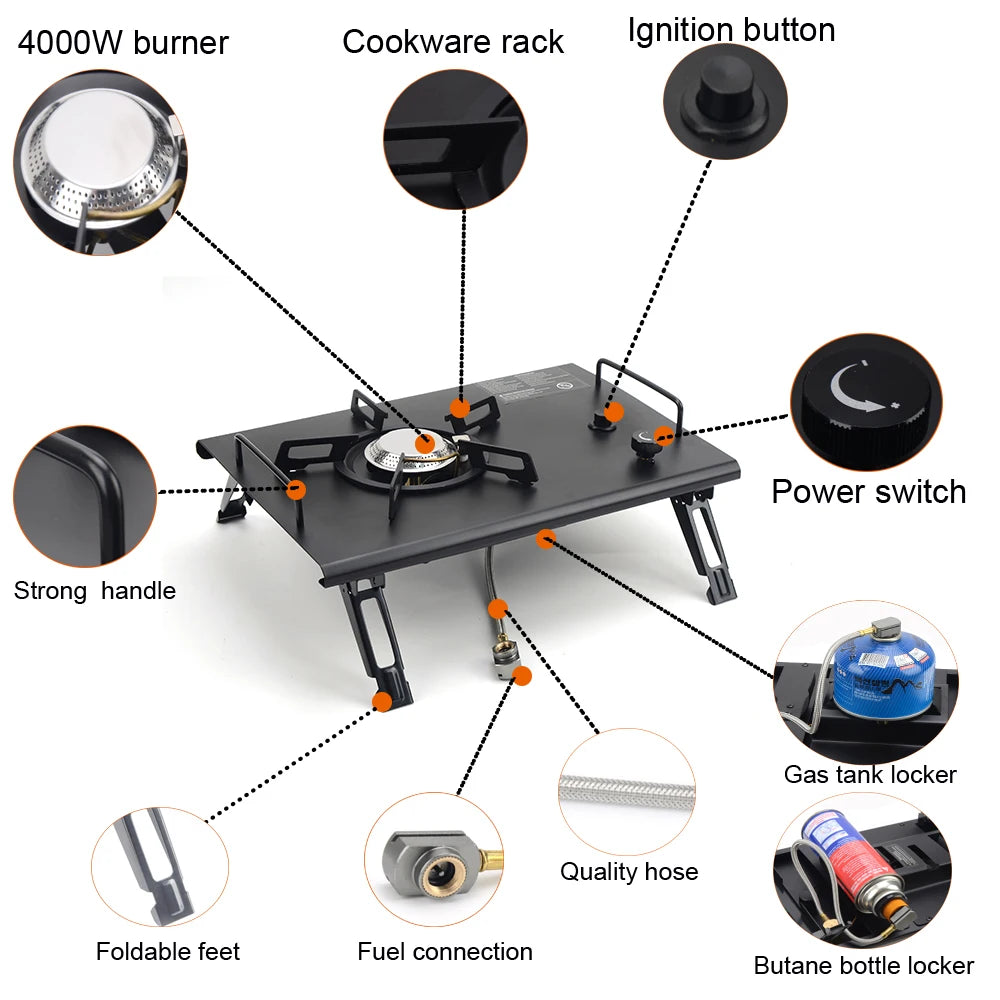 Portable IGT Wood Camping Table with Removable Gas Stove and BBQ Grill