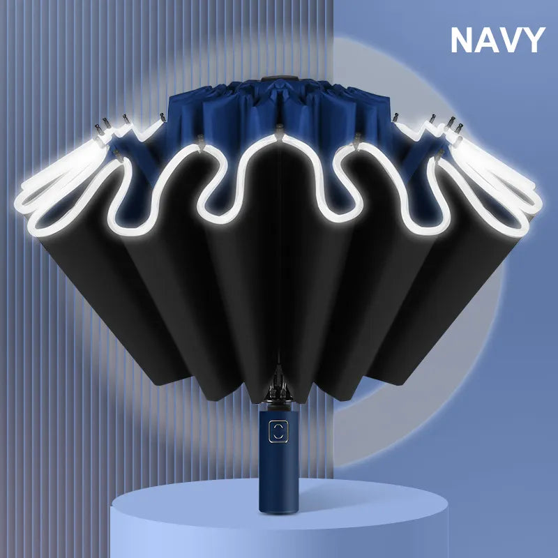 Cloud Discoveries 16Ribs Large Windproof Reflective Stripe Automatic Umbrella with Sun and Rain Protection, Luxury Business Travel Accessory in Black, Blue, Wine Red, Navy, Green, and Grey colors, made of durable 210T Nylon Fabric, featuring a fully-automatic and folding design, suitable for adults.