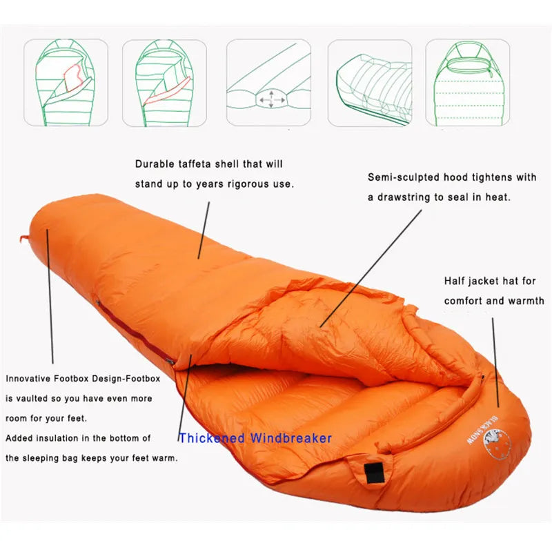 Warm White Goose Down Adult Mummy Sleeping Bag - Winter Camping Essential