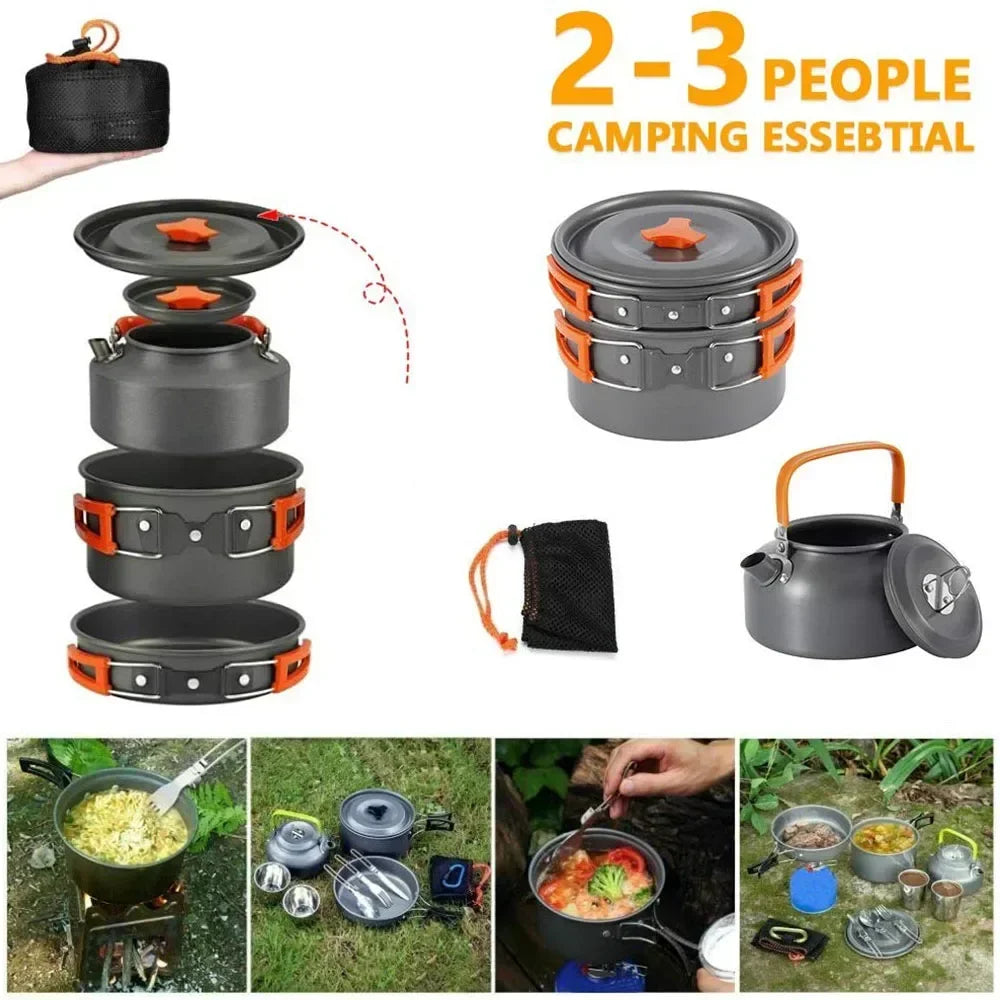 Portable Nonstick Camping Cookset - Aluminum Outdoor Tableware for Hiking, BBQ & Picnic