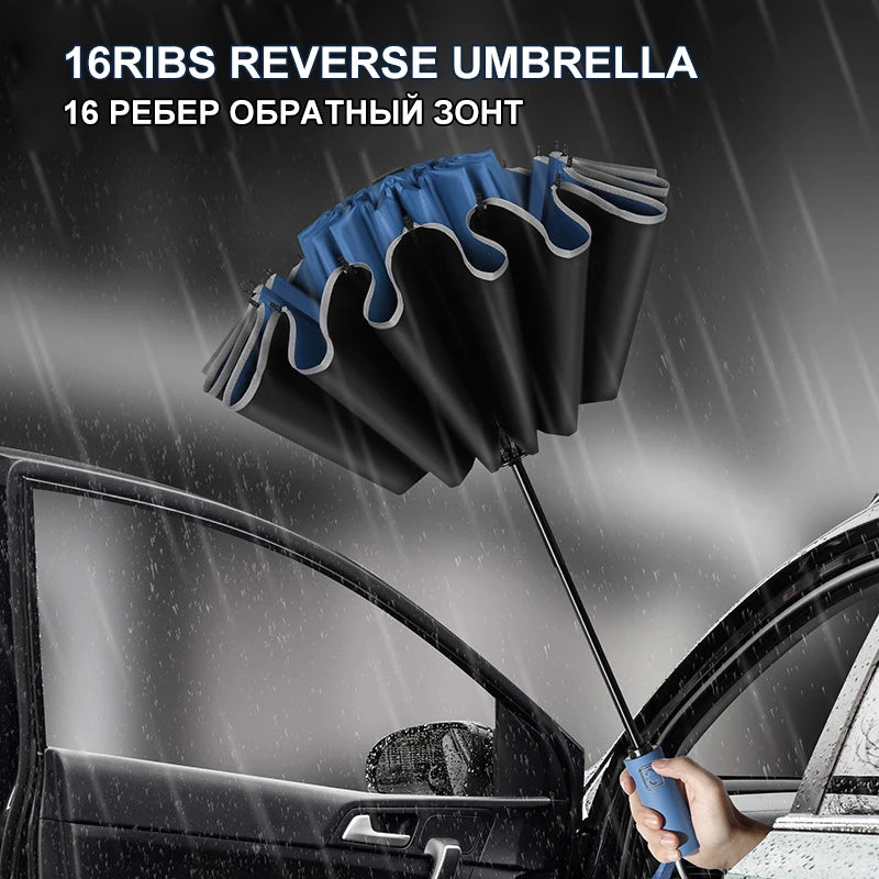 Cloud Discoveries 16Ribs Large Windproof Reflective Stripe Automatic Umbrella with Sun and Rain Protection, Luxury Business Travel Accessory in Black, Blue, Wine Red, Navy, Green, and Grey colors, made of durable 210T Nylon Fabric, featuring a fully-automatic and folding design, suitable for adults.