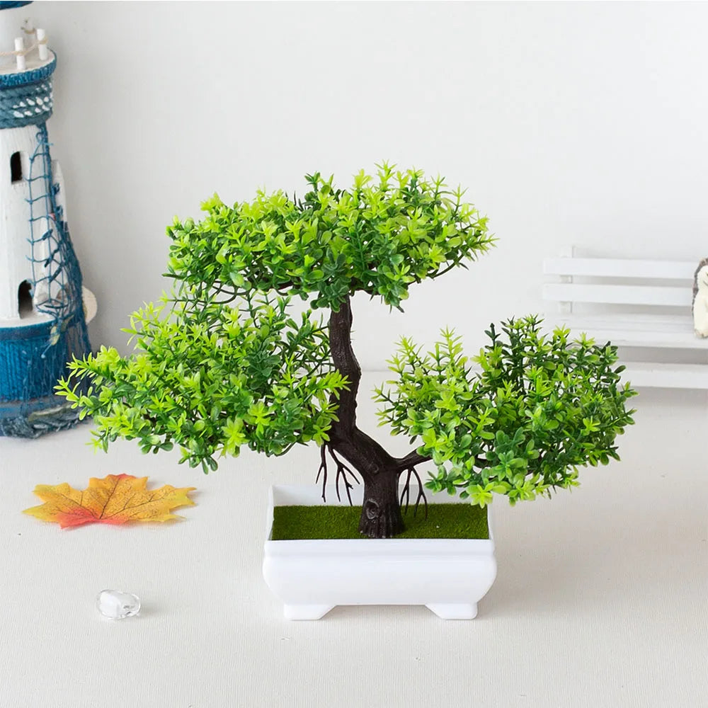 An artificial bonsai tree made from plastic, placed in a tasteful pot. This small tree pot arrangement is perfect for home or office decoration. It is allergy-free and requires no maintenance. Adds an element of freshness and vitality to any room and can be used as a tabletop or corner decoration. Suitable for garden lovers, perfect for those without a green thumb. No watering, sunlight, or trimming required.