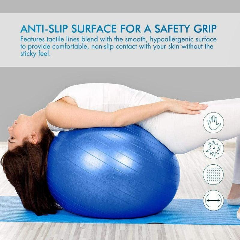 Close-up view of a Cloud Discoveries Yoga Balance Exercise Ball, emphasizing its durable material and suitability for various fitness exercises like yoga, Pilates, and core training.
