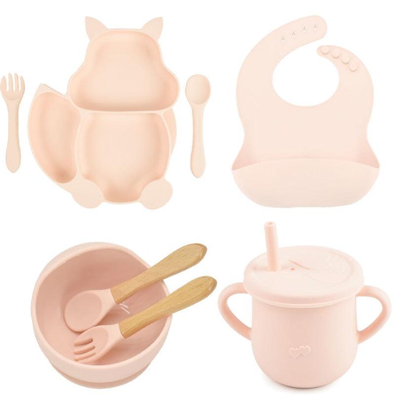 8PCS/Set Baby Silicone Sucker Bowl - Plate - Cup - Bib - Spoons & Forks Sets