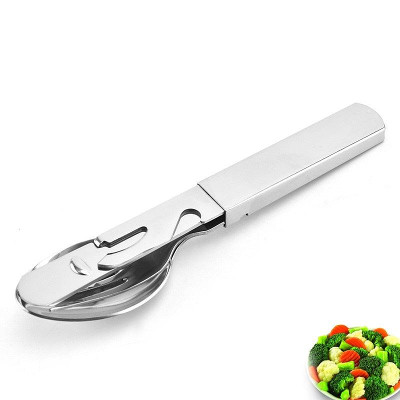 4-in-1 Portable Stainless Steel Camping Spoon, Fork, Knife, Can/Bottle Opener, Military Camping Utensils, survival utensils, clouddiscoveries.com