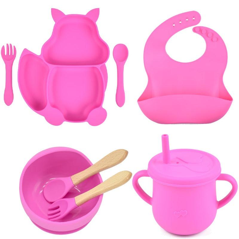 8PCS/Set Baby Silicone Sucker Bowl - Plate - Cup - Bib - Spoons & Forks Sets