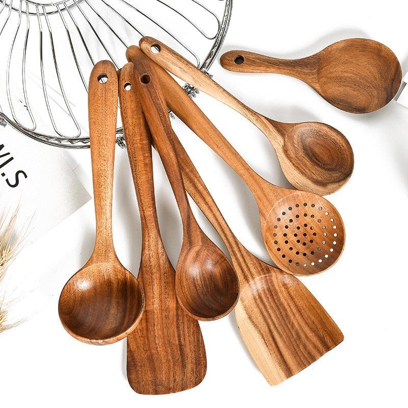 Teak spatula, 7-piece wooden non-stick pan frying spatula, household cooking, wooden spoon, kitchenware, kitchen utensils, CloudDiscoveries.com