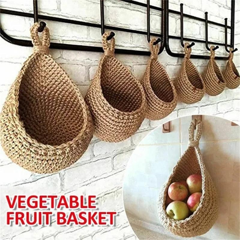 Wall-mounted Sundries Storage Bag, Hanging Wall Vegetable Fruit Baskets, Organize Bag, Jute Eco Teardrop Kitchen Organizer, CloudDiscoveries.com
