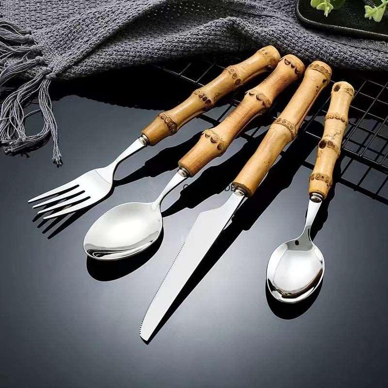 4/16/24/32Pcs, Dinnerware, Sets, Original, Nature, Bamboo, Handle, Stainless Steel, Cutlery, Fork, Spoon, Home, Kitchen, Tableware, Cutlery, clouddiscoveries.com