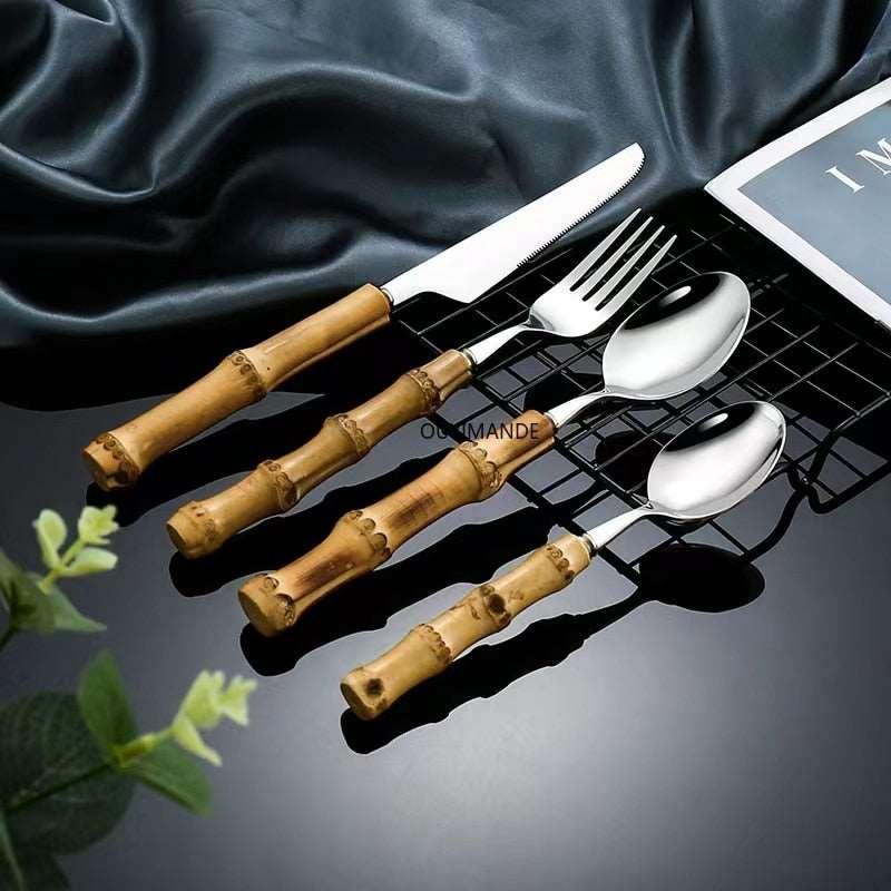 4/16/24/32Pcs, Dinnerware, Sets, Original, Nature, Bamboo, Handle, Stainless Steel, Cutlery, Fork, Spoon, Home, Kitchen, Tableware, Cutlery, clouddiscoveries.com